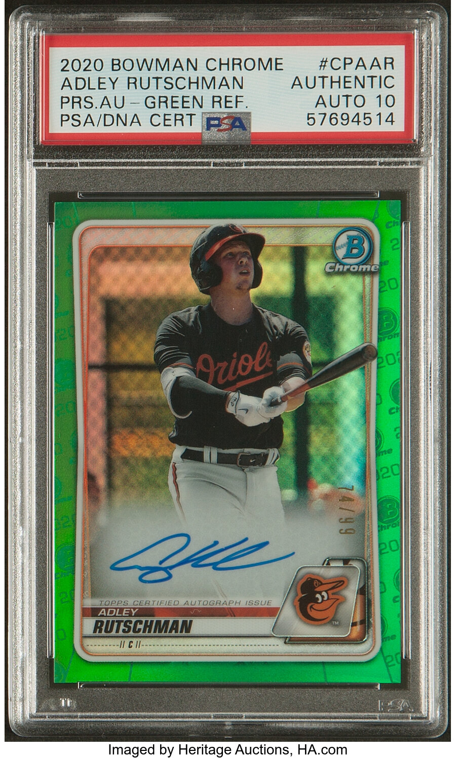 2020 Bowman Chrome Adley Rutschman (Prospects Autograph - Green Refractor) #CPA-AR PSA Authentic, Auto 10 - Serial #'d 74/99