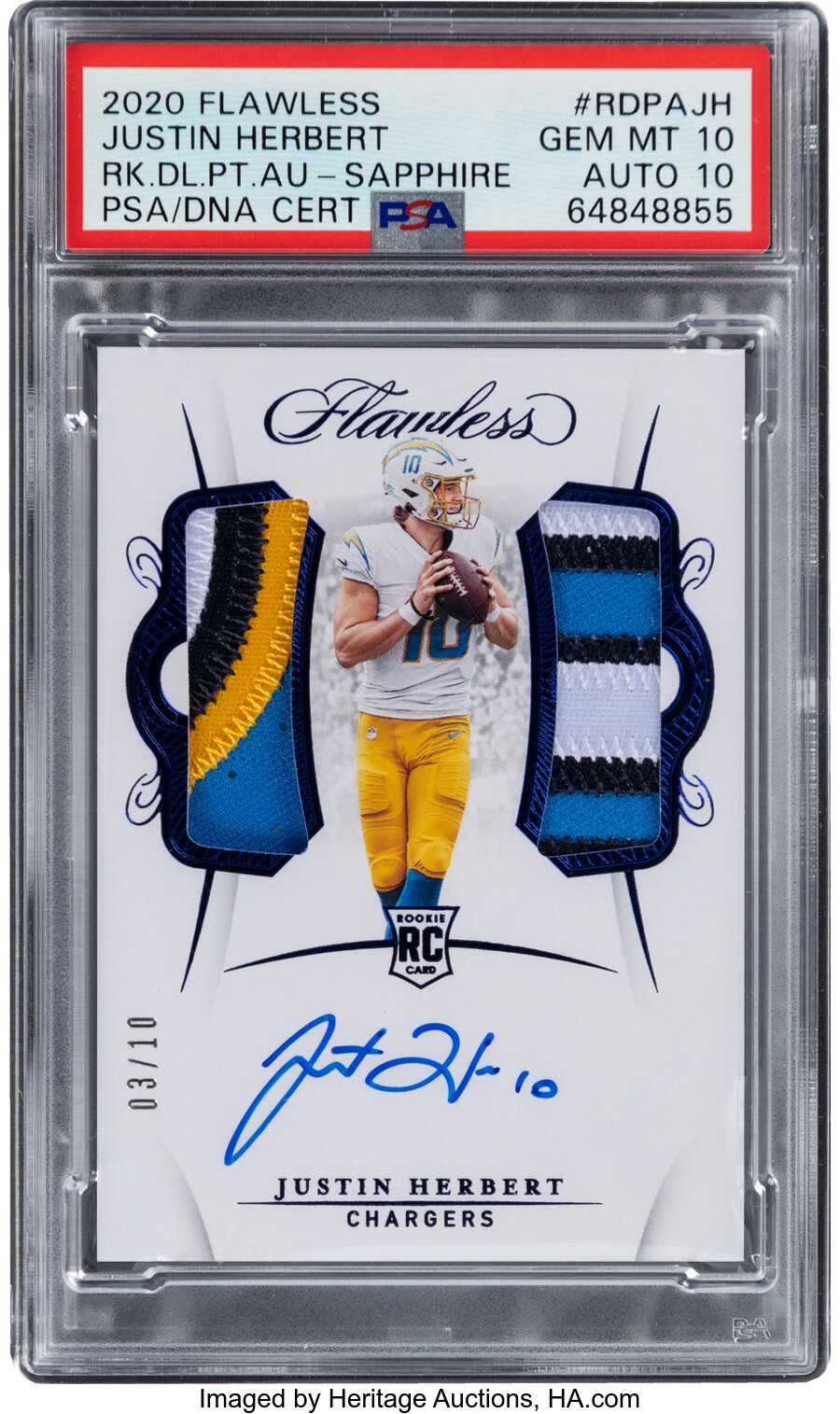 2020 Panini Flawless Justin Herbert (Rookie Dual Patch Autographs-Sapphire) #RDPA-JH PSA Gem Mint 10, Auto 10 - #'d 3/10 - Pop