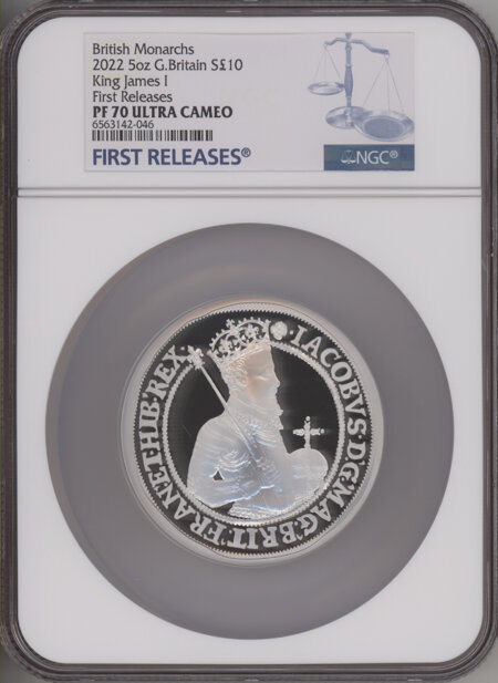 Elizabeth II silver Proof "King James I" 10 Pounds (5 oz) 2022 PR70  Ultra Cameo NGC, 70 NGC