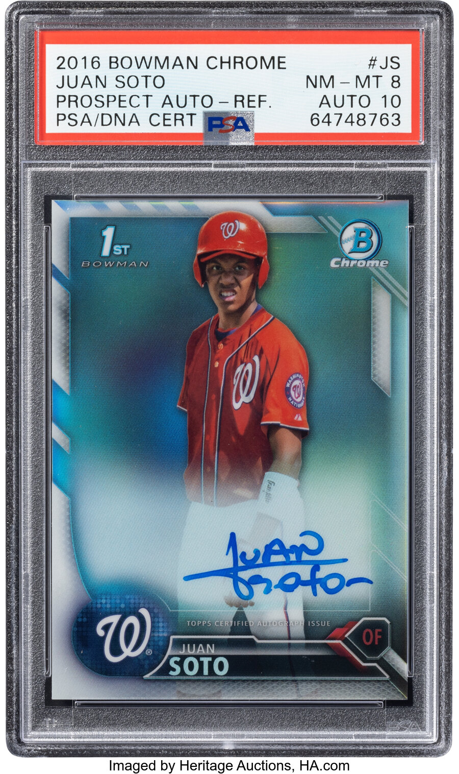 2016 Bowman Chrome Juan Soto (Chrome Prospects Autographs-Refractor) #CPA-JS PSA NM-MT 8, Auto 10 - #'d 362/499