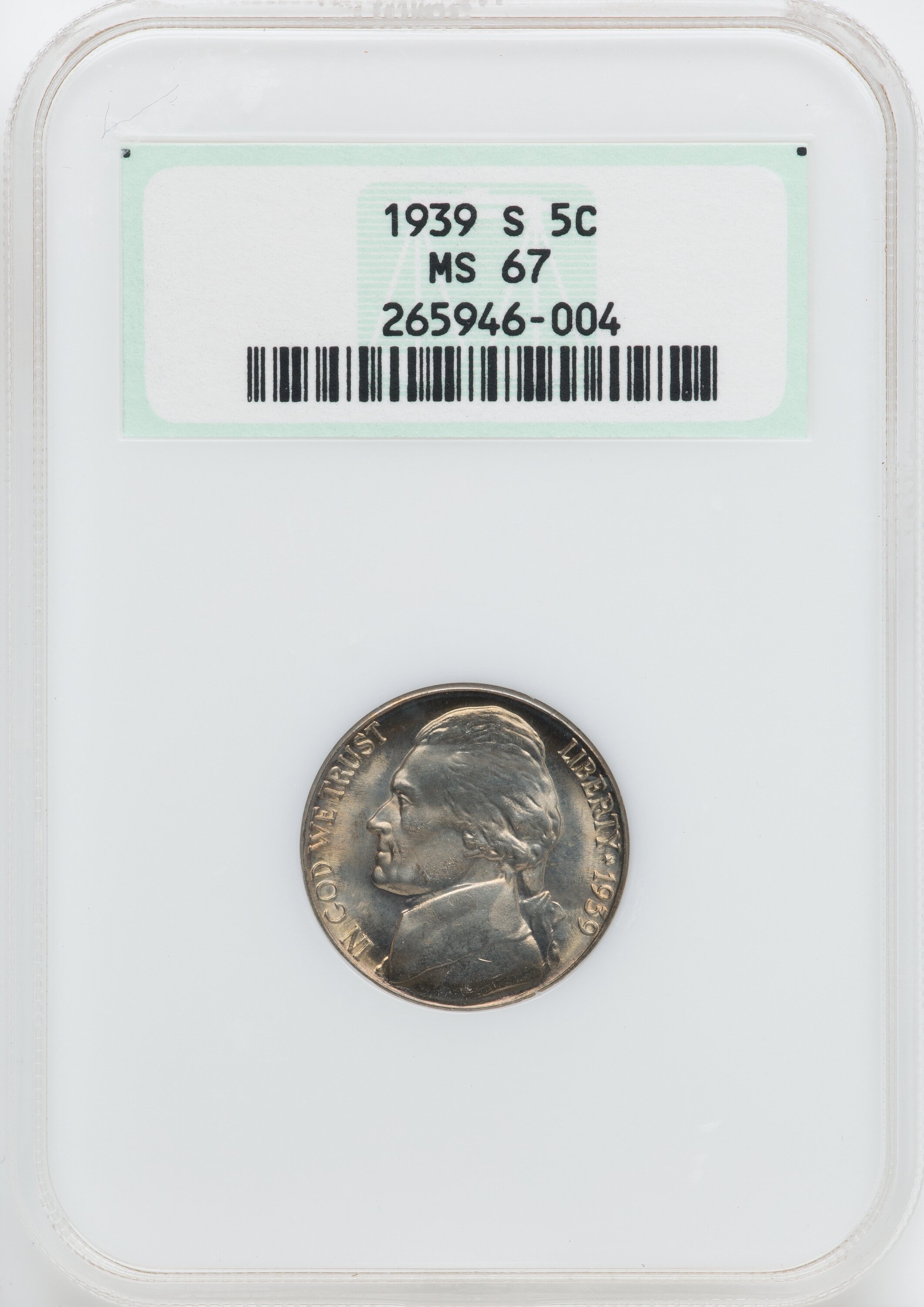 1939-s 5c Reverse Of 1938 Ms67 Ngc. Ngc Census: (139 0). Pcgs 