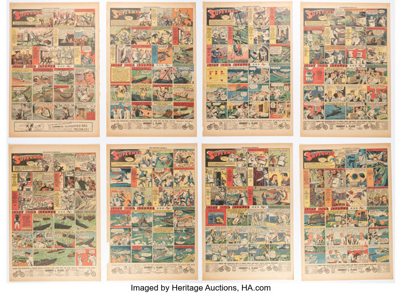 Memorabilia:Superhero, Superman The Houston Chronicle Sunday Comic Strip Tear Sheets Group of 8 (McClure Syndicate, 1940).... (Total: 8 Items)
