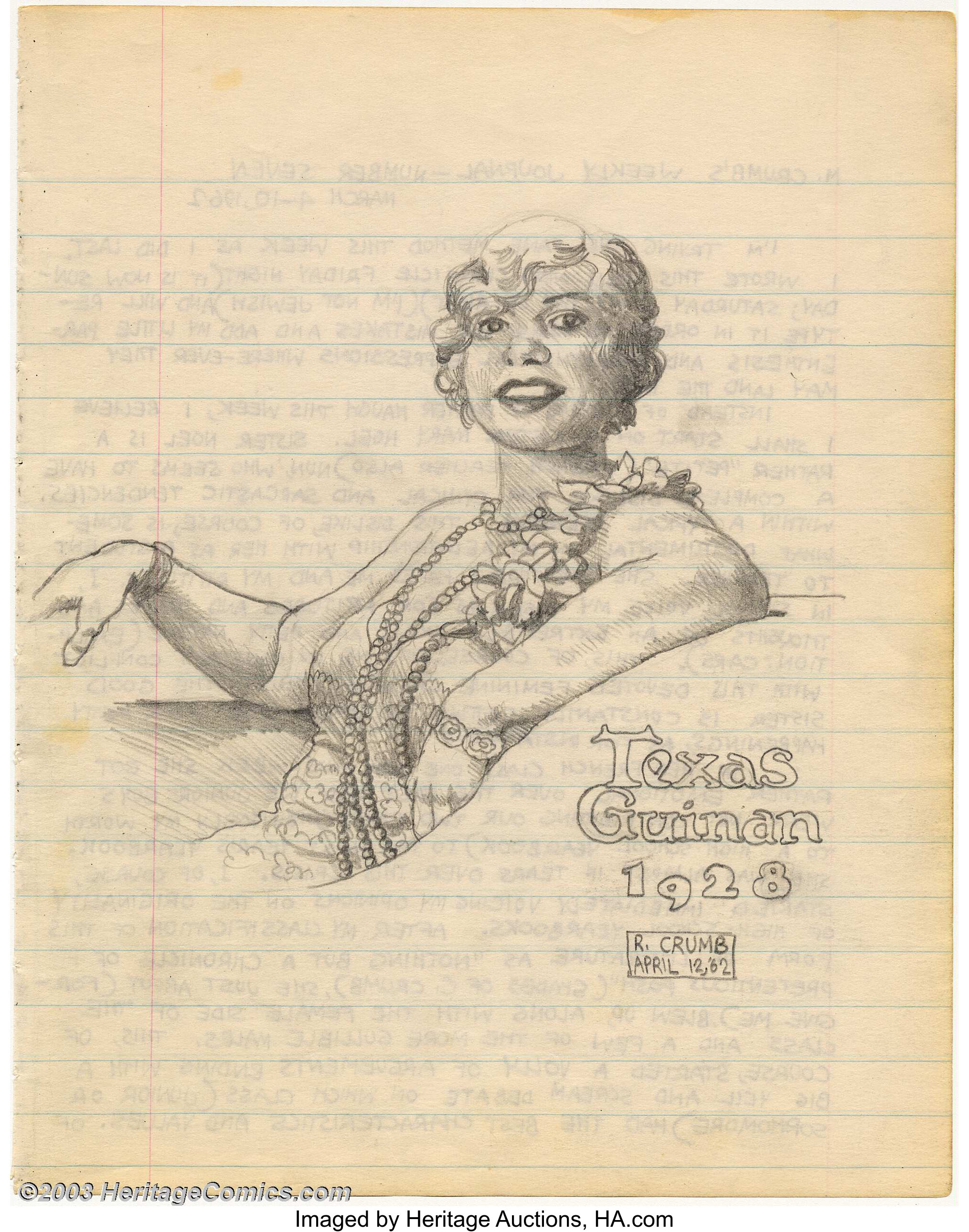 Robert Crumb Original Sketch Texas Guinan 1962 This