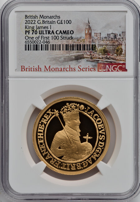 Elizabeth II gold "James I" 100 Pounds 2022 PR70 Ultra Cameo NGC. One of First 100 Struck 70 NGC