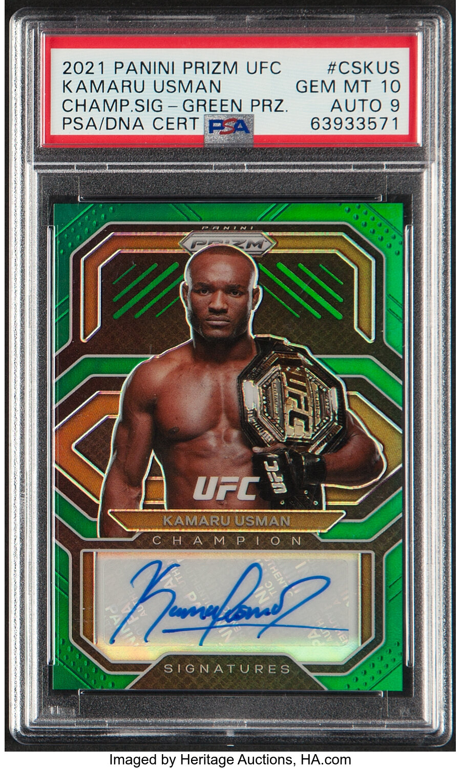 2021 Panini Prizm UFC Kamaru Usman (Champion Signatures - Green Prizm) #CS-KUS PSA Gem Mint 10, Auto 9