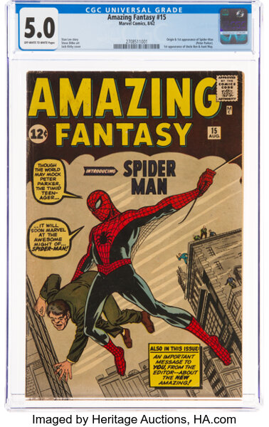 Silver Age (1956-1969):Superhero, Amazing Fantasy #15 (Marvel, 1962) CGC VG/FN 5.0 Off-white to white pages....