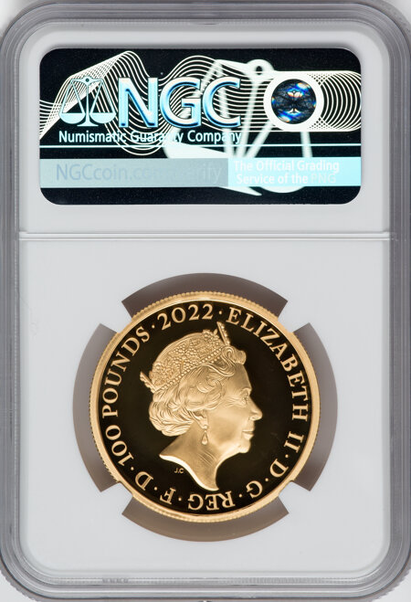 Elizabeth II gold "George I" 100 Pounds 2022 PR70 Ultra Cameo NGC. One of First 100 Struck 70 NGC