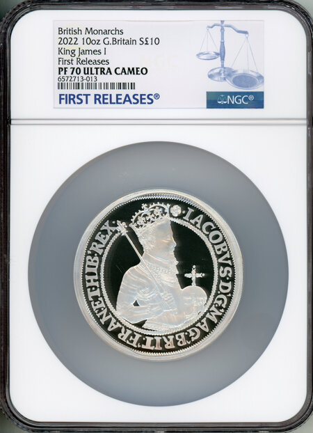 Elizabeth II 10oz silver "James  I" 10 Pounds 2022 PR70 Ultra Cameo NGC. First Release 70 NGC