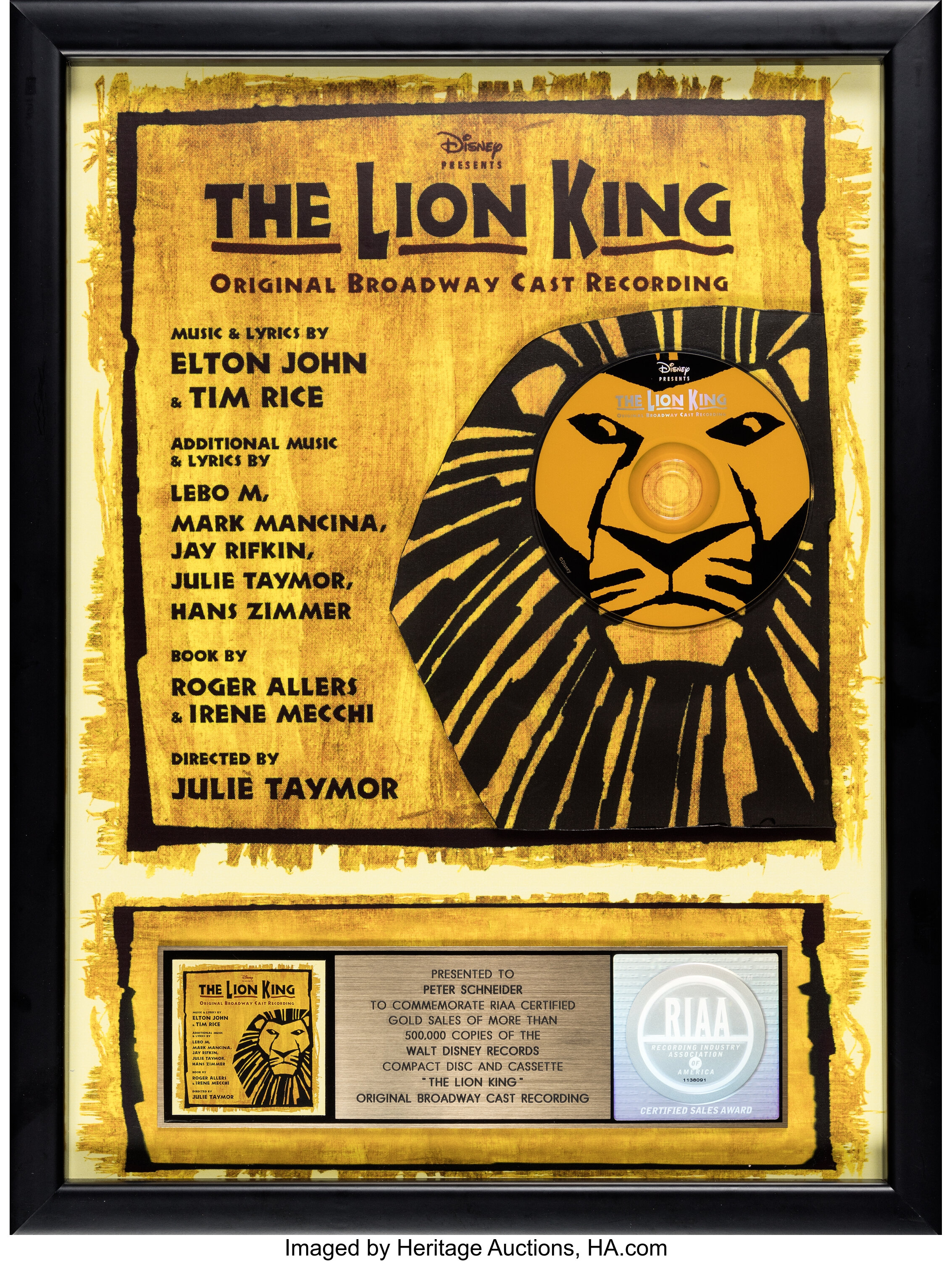 The Lion King Original Broadway Cast Recording RIAA Certified Gold ...