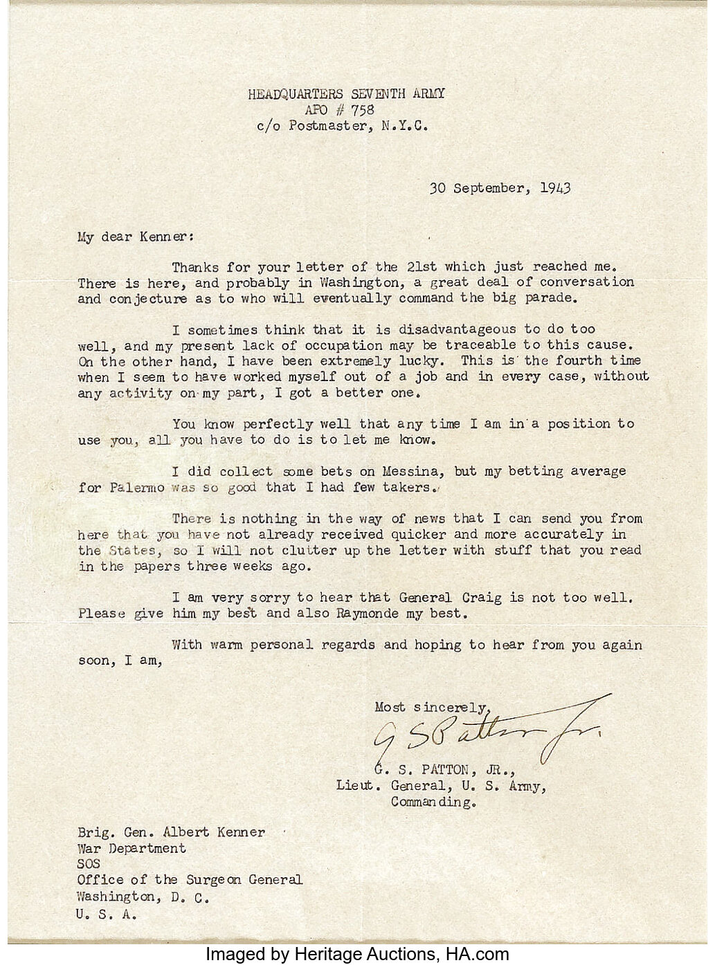 George S Patton Jr Typed Letter Signed G S Patton Jr One Lot Heritage Auctions