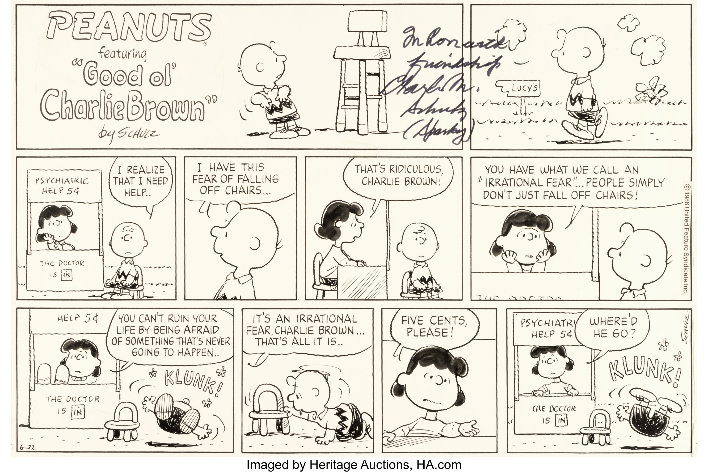 Charles Schulz Peanuts Sunday Comic Strip Lucy's Psychiatric Booth ...