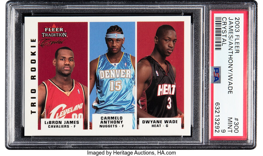2003 Fleer Tradition LeBron James, Carmelo Anthony & Dwyane Wade (Crystal) Rookie #300 PSA Mint 9 - #'d 9/50 - Pop One