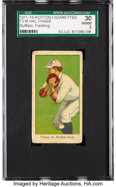 Baseball Cards:Singles (Pre-1930), 1911-16 T216 Kotton Cigarettes Hal Chase (Fielding-Buffalo) SGC 30 Good 2. ...