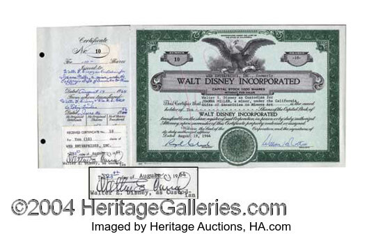 Walt Disney Productions Common Stock Certificate (Walt Disney