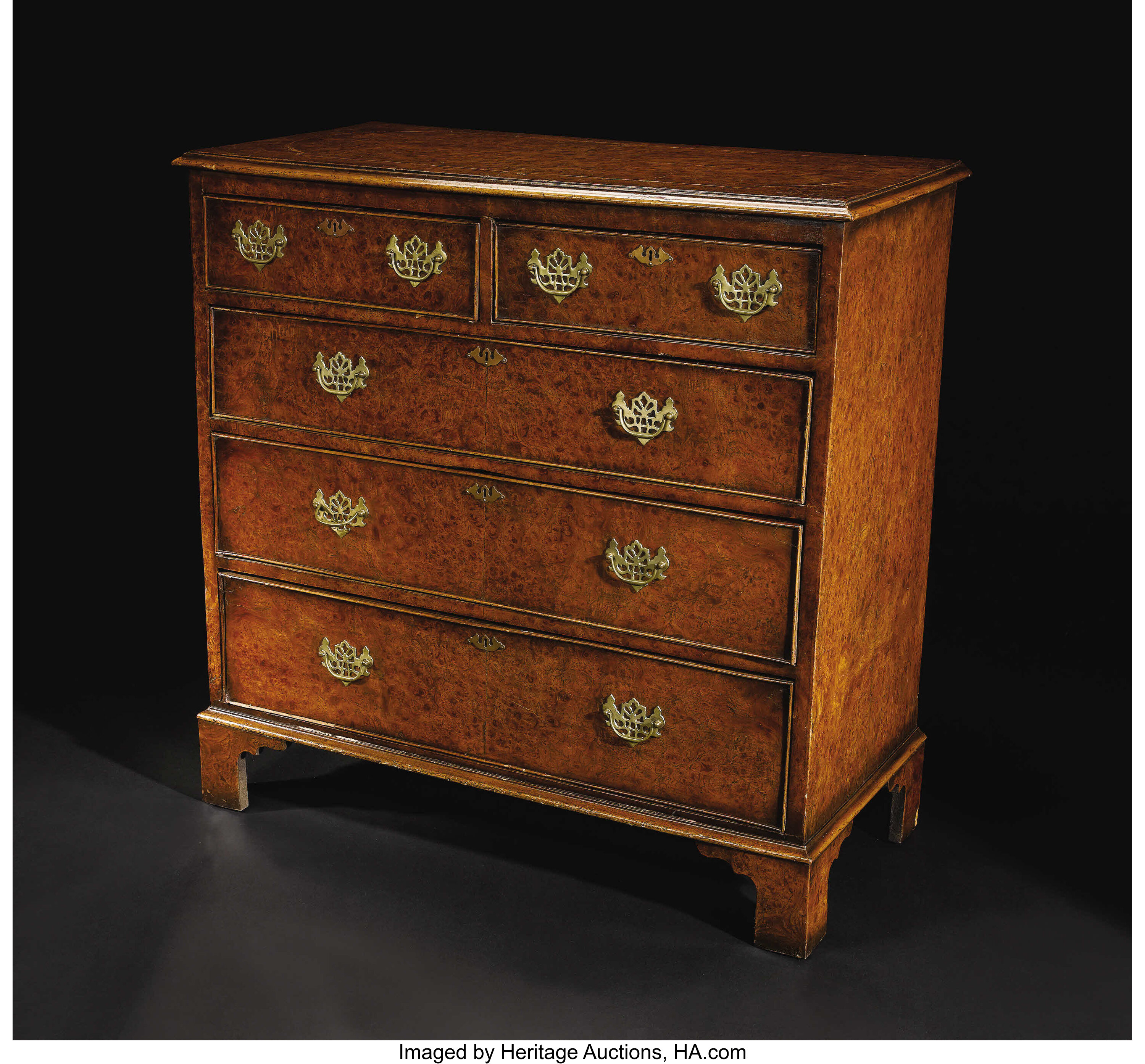 An English Oyster Veneered Five Drawer Chest Unknown Maker Lot