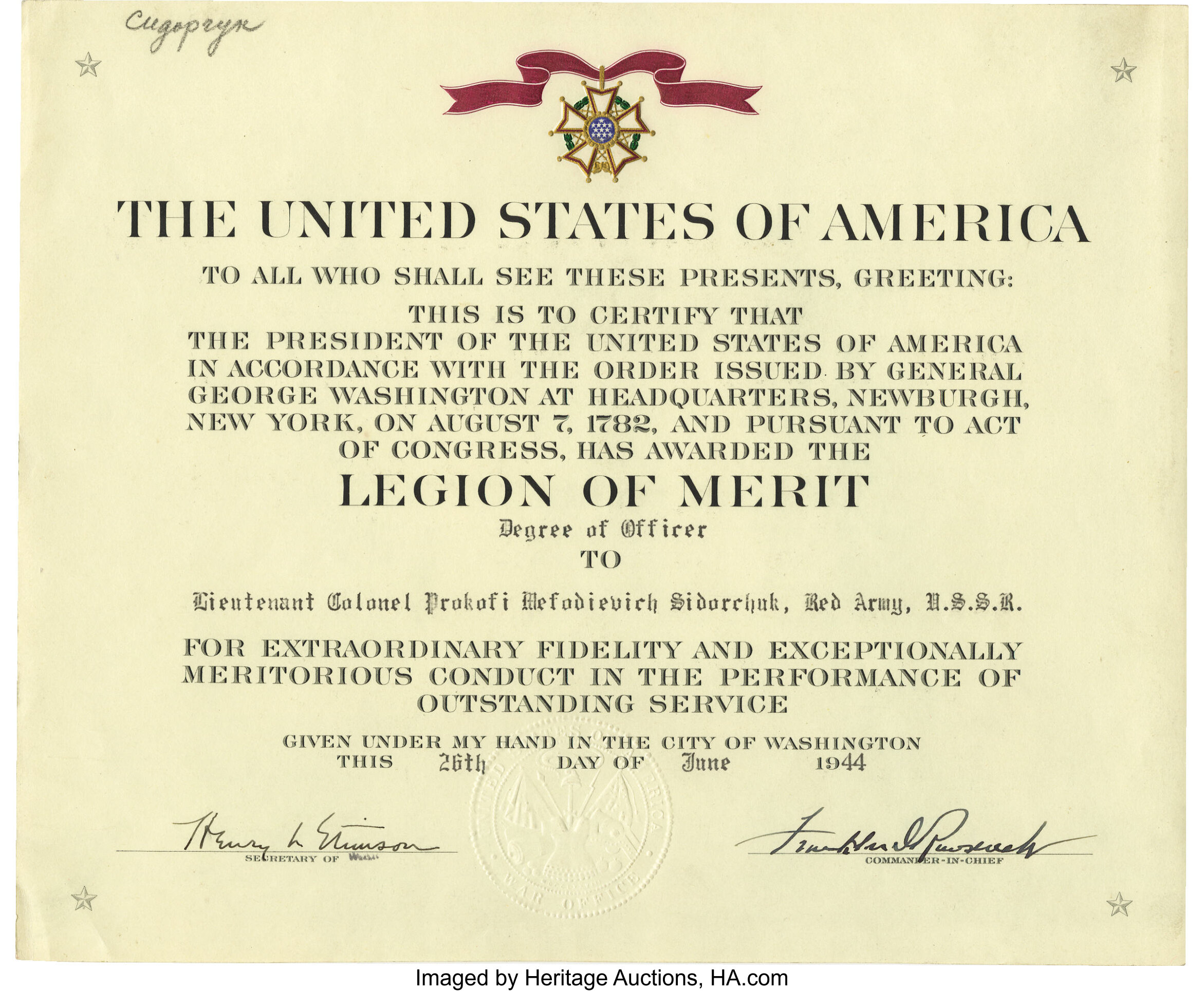 Franklin D. Roosevelt Legion of Merit Document Signed as president ...