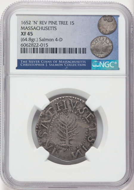 1652 Pine Tree Shilling, Large Planchet, Reversed N 45 NGC