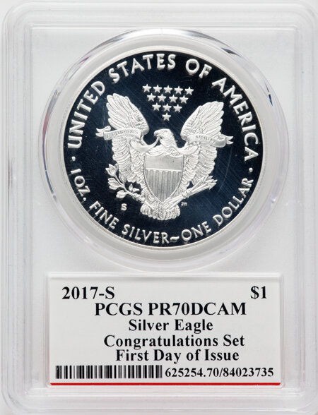 2017-S S$1 Silver Eagle, Congratulations Set, First Day of Issue, Mercanti, DC 70 PCGS
