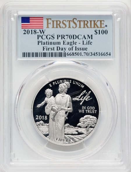 2018-W $100 One Ounce Platinum Eagle, Life, First Day of Issue,  PR, DC 70 PCGS
