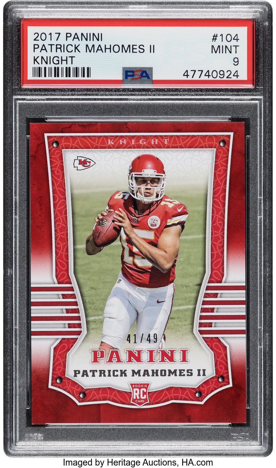 2017 Panini Patrick Mahomes II (Red Knight) Rookie #104 PSA Mint 9 - #'d 41/49