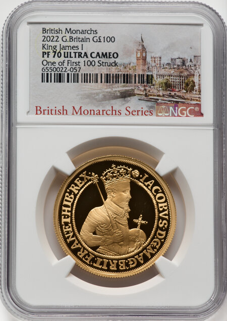 .Elizabeth II gold "James I" 100 Pounds 2022 PR70 Ultra Cameo NGC. One of First 100 Struck 70 NGC