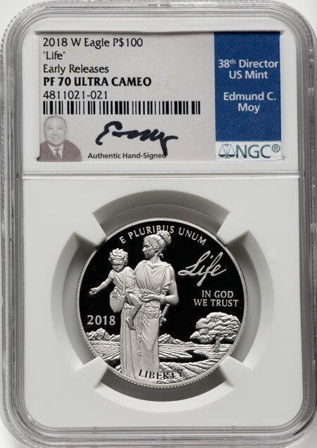 2018-W $100 One Ounce Platinum Eagle, Life, First Strike,  PR, DC 70 NGC
