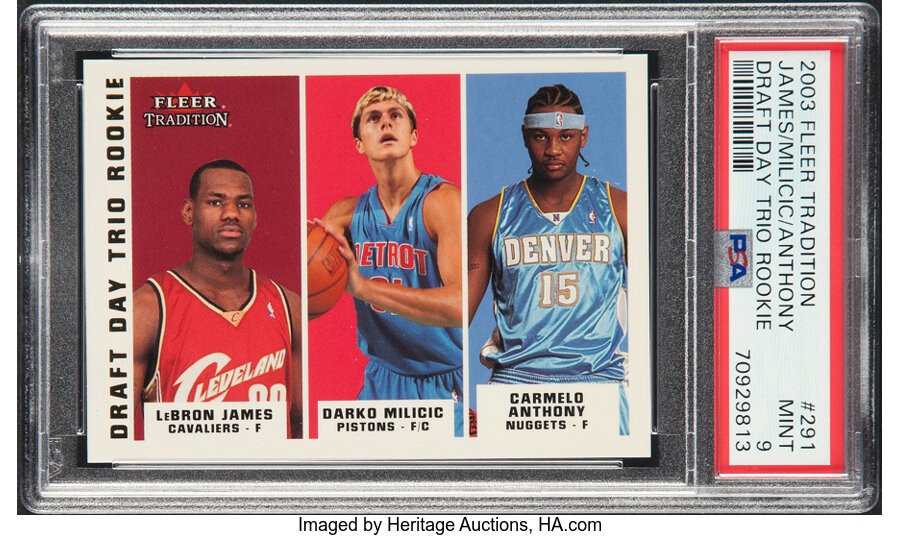 2003 Fleer Tradition LeBron James, Carmelo Anthony & Darko Milicic (Draft Day Rookie) #291 PSA Mint 9 - #'d 129/375