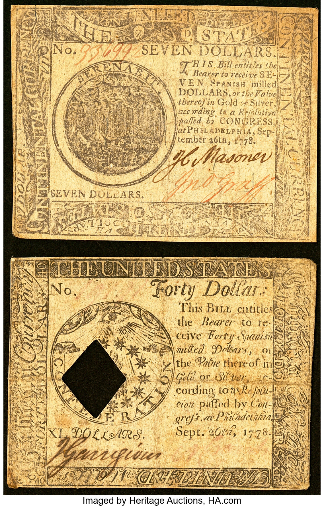 Continental Currency September 26, 1778 $7 Fine;. Continental | Lot ...