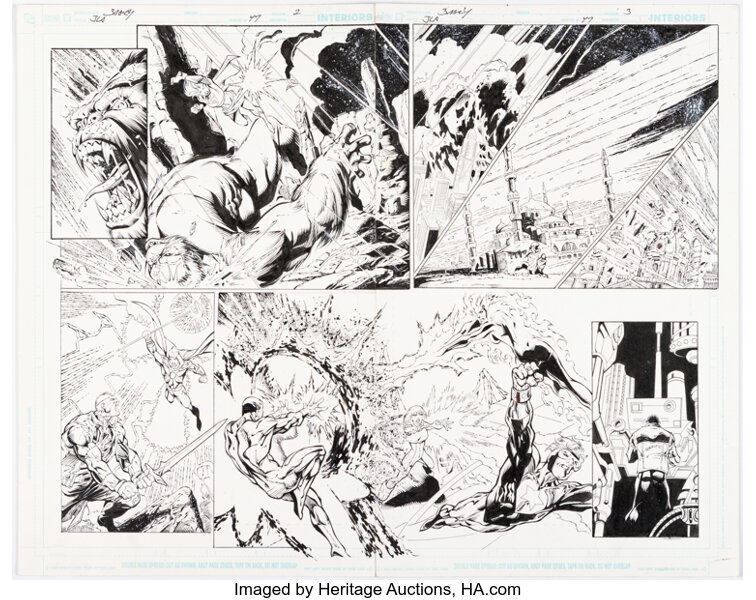 Original Comic Art:Story Page, Mark Bagley and Rob Hunter Justice League of America #47 Double-Page Spread Pages 2-3 Origin...