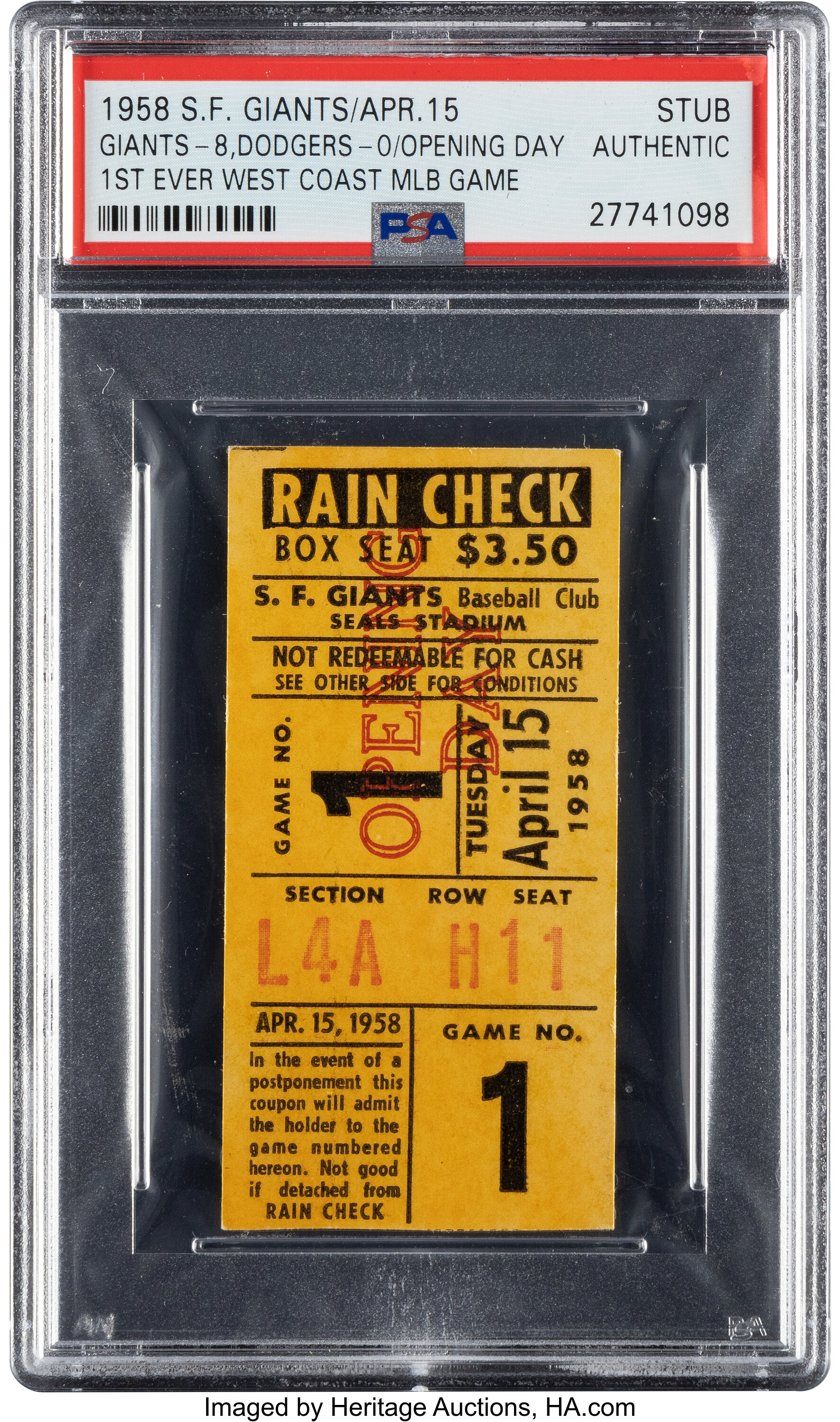 1958 San Francisco Giants Opening Day (4/15) Ticket Stub, PSA Lot