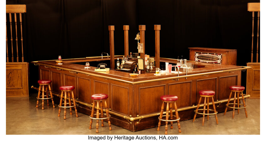 Movie/TV Memorabilia:Props, Cheers Bar Counter in Three Sections with Brass Railing, Burgundy
Leatherette Barstools, Back Bar Unit, Tall, Thin Wooden Set...