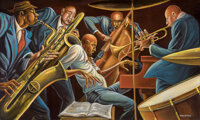Ernie Barnes (American, 1938-2009) Quintet, circa 1989 Acrylic on canvas 36 x 60 inches (91.4 x 152.4 cm) Signed low