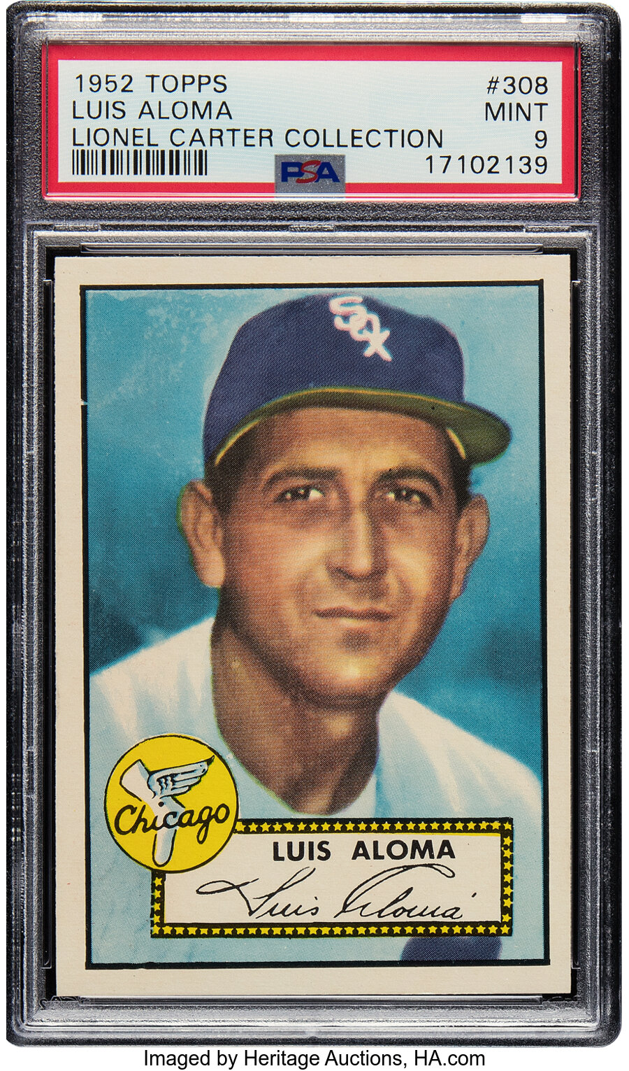 1952 Topps Luis Aloma #308 PSA Mint 9 - Pop Five, None Superior! From the Lionel Carter Collection