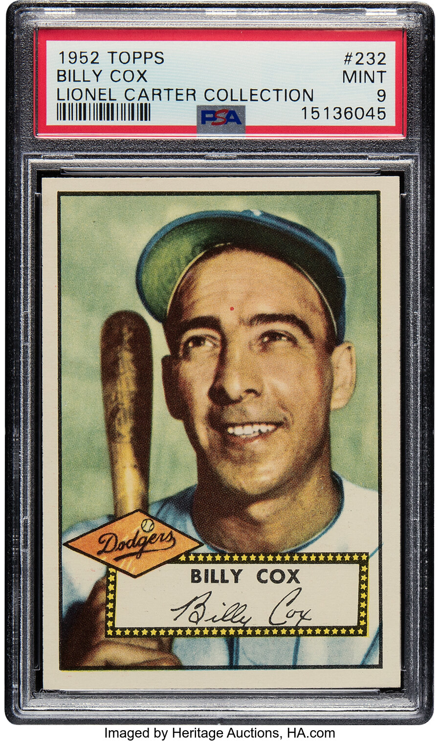 1952 Topps Billy Cox #232 PSA Mint 9 - Pop Five, None Superior! From the Lionel Carter Collection