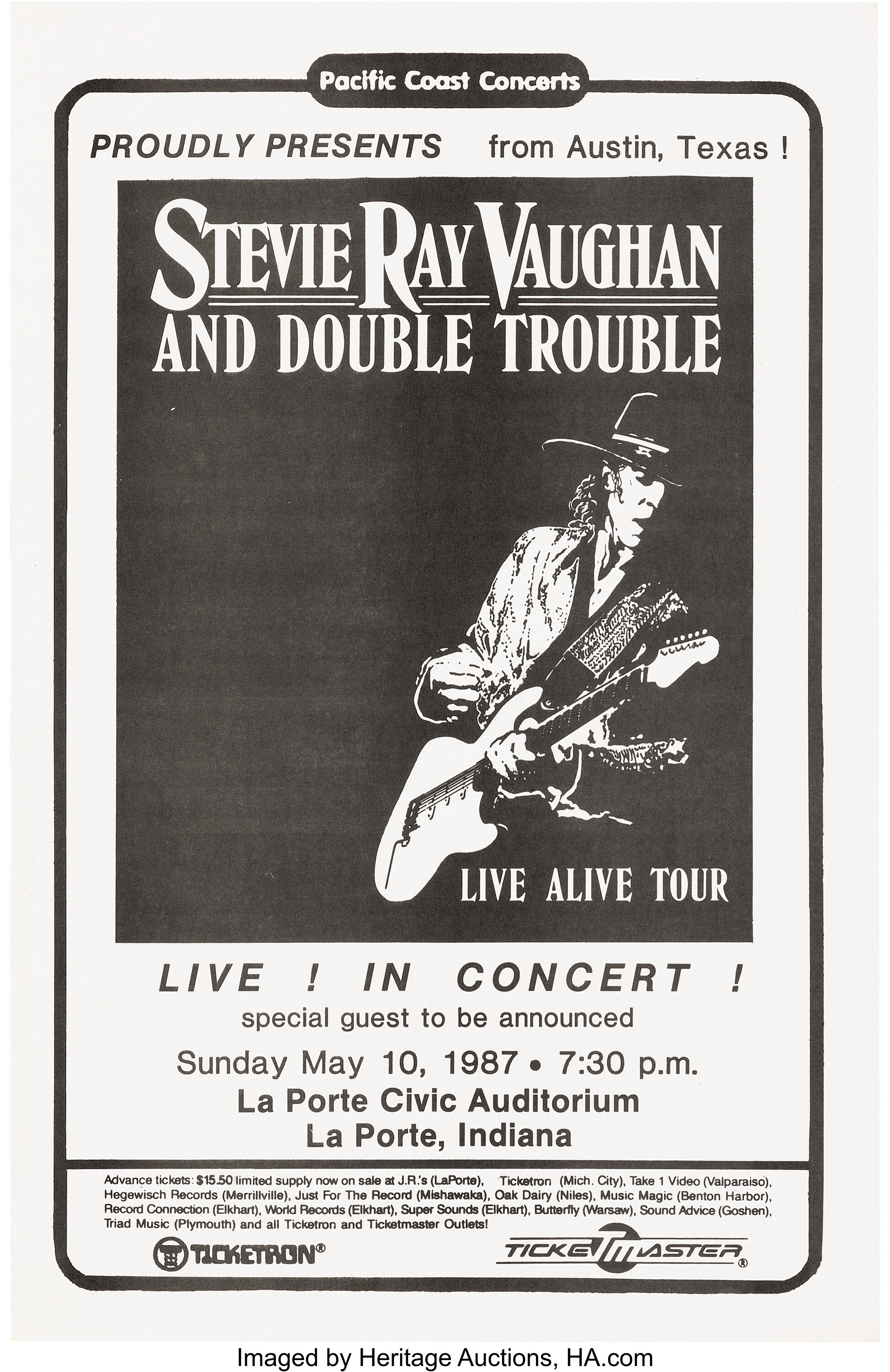 Stevie Ray Vaughan 1987 La Porte, IN Concert Poster. ... Music | Lot ...