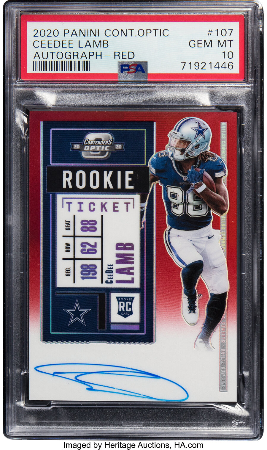 2020 Panini Contenders Optic CeeDee Lamb (Rookie Ticket RPS Autographs-Red) Rookie #107 PSA Gem Mint 10 - #'d 56/199