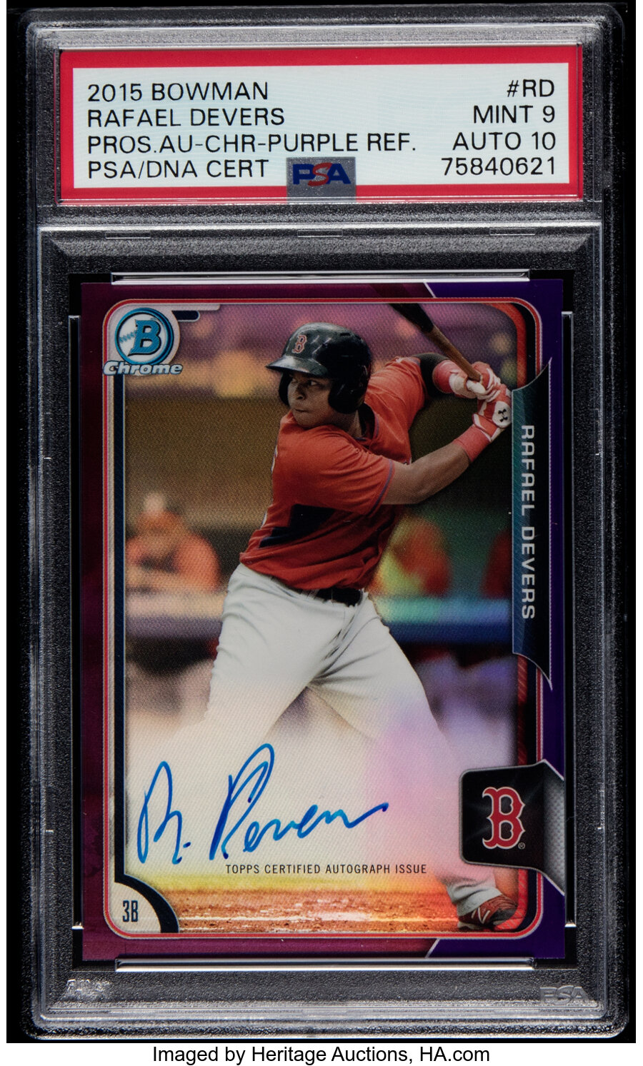 2015 Bowman Chrome Prospects Rafael Devers (Purple Refractor - Autograph) #BCAP-RD, PSA Mint 9, Auto 10 - Serial #'d 237/250