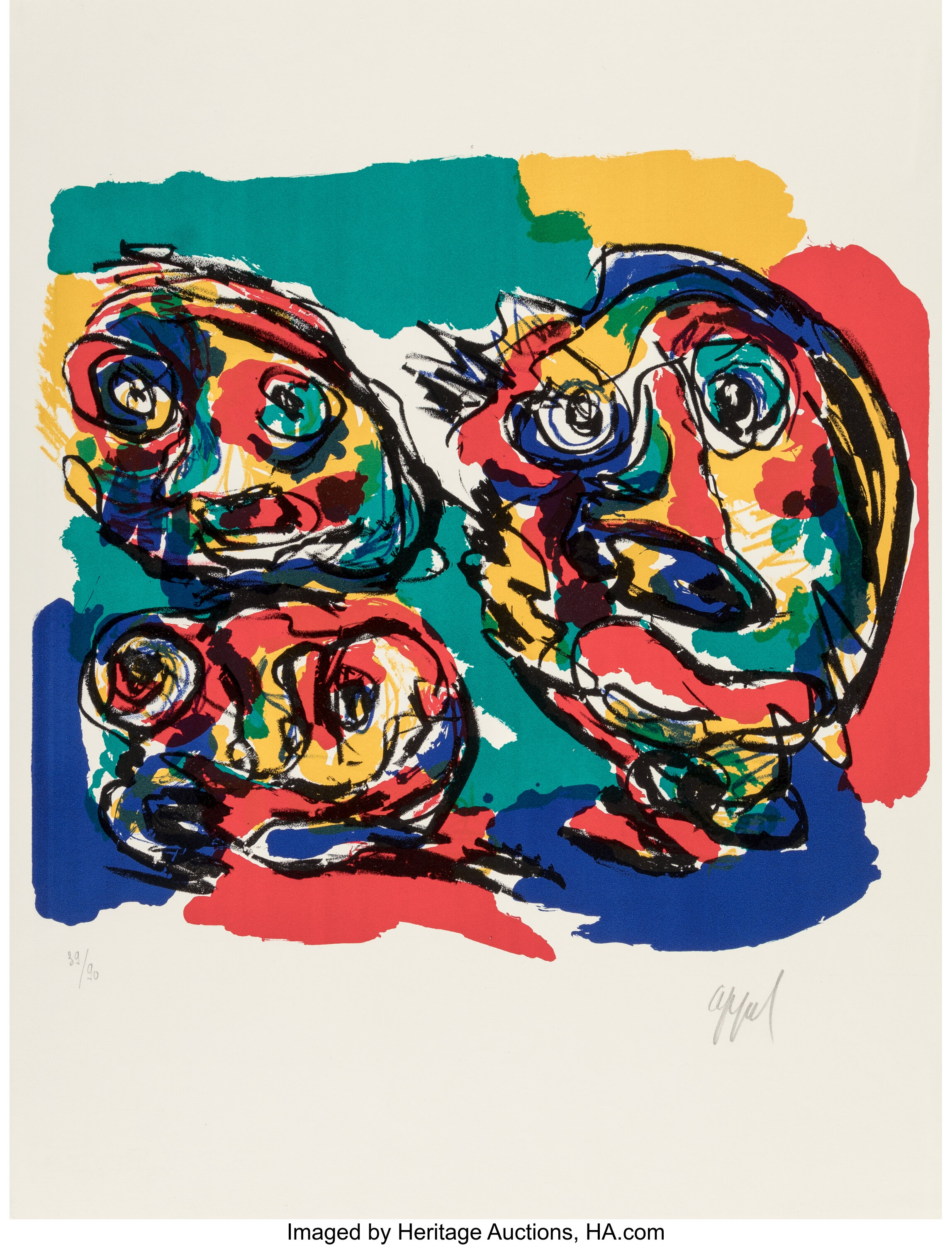 Karel Appel (1921-2006). Three Heads, 1965. Lithograph in colors on ...