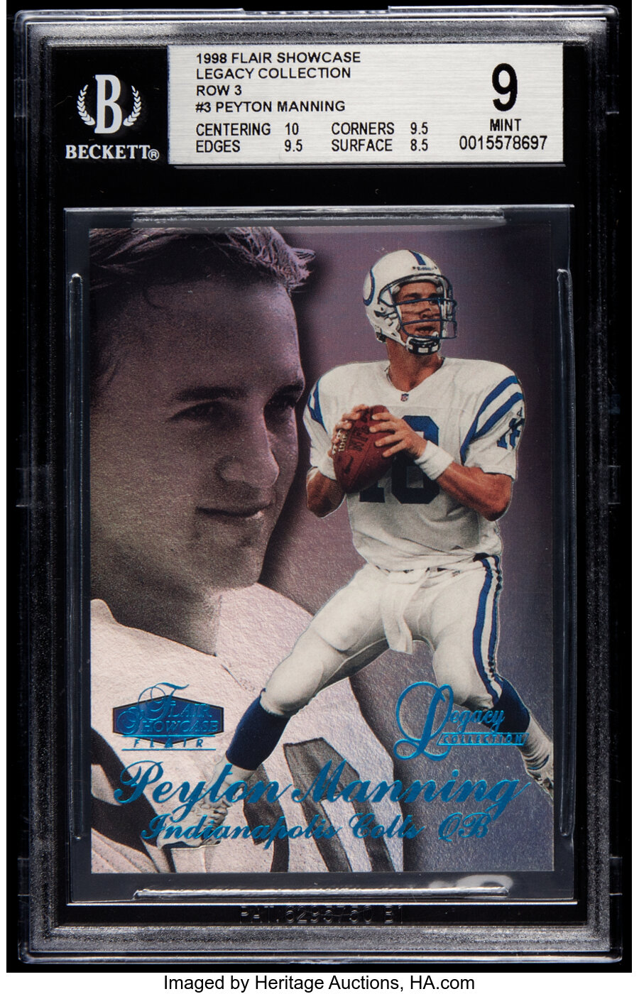 1998 Flair Showcase Peyton Manning (Legacy Collection - Row 3) #3 BGS Mint 9 - Serial #'d 52/100