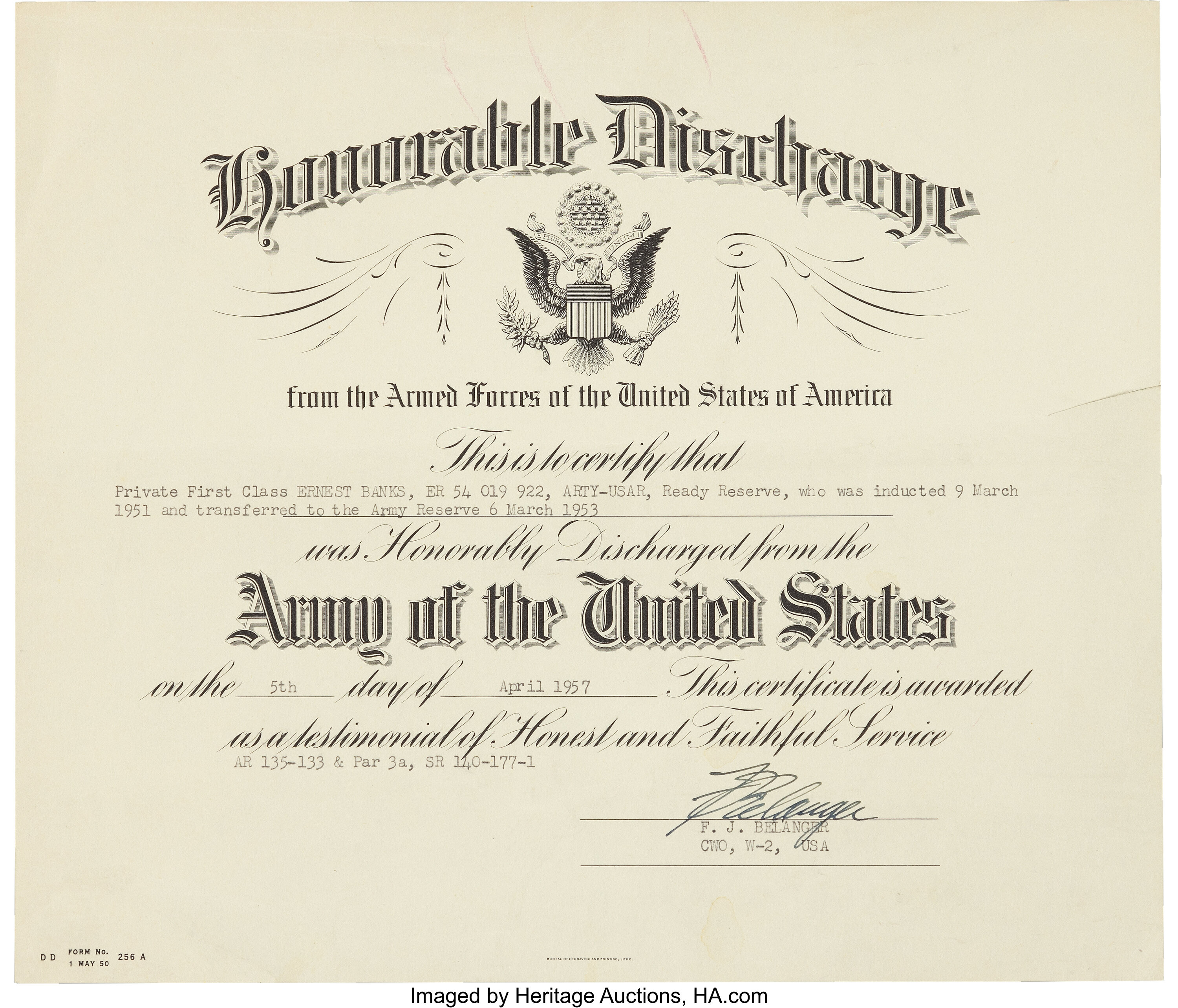 1957 Ernie Banks Honorable Army Discharge Certificate from The | Lot ...