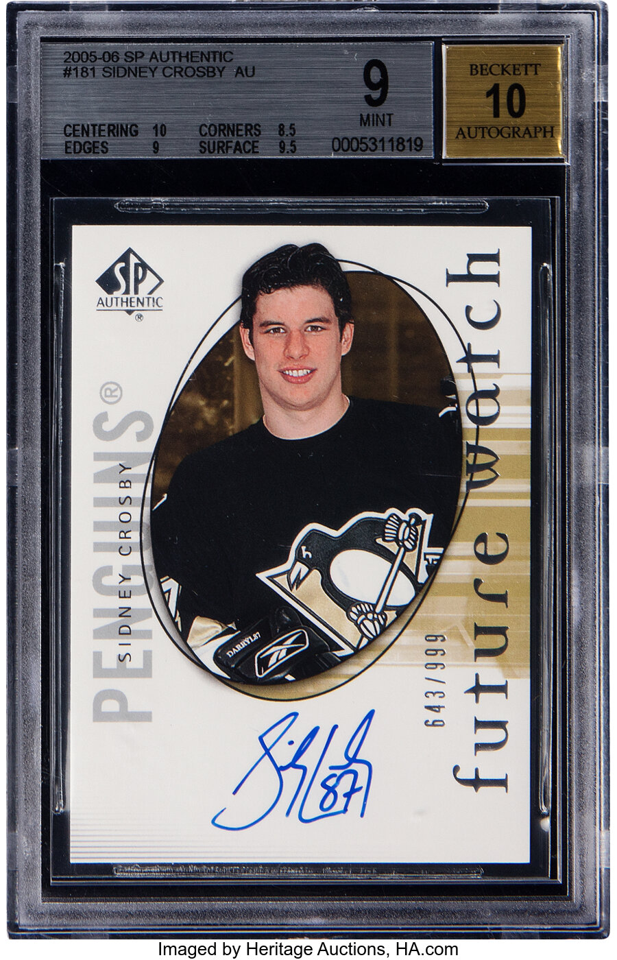 2005 Upper Deck SP Authentic Sidney Crosby (Future Watch-Autograph) Rookie #181 BGS Mint 9 - #'d 643/999