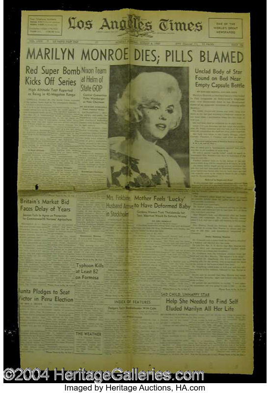 Lot - NEWSPAPER REPORTS THE DEATH OF MARILYN MONROE
