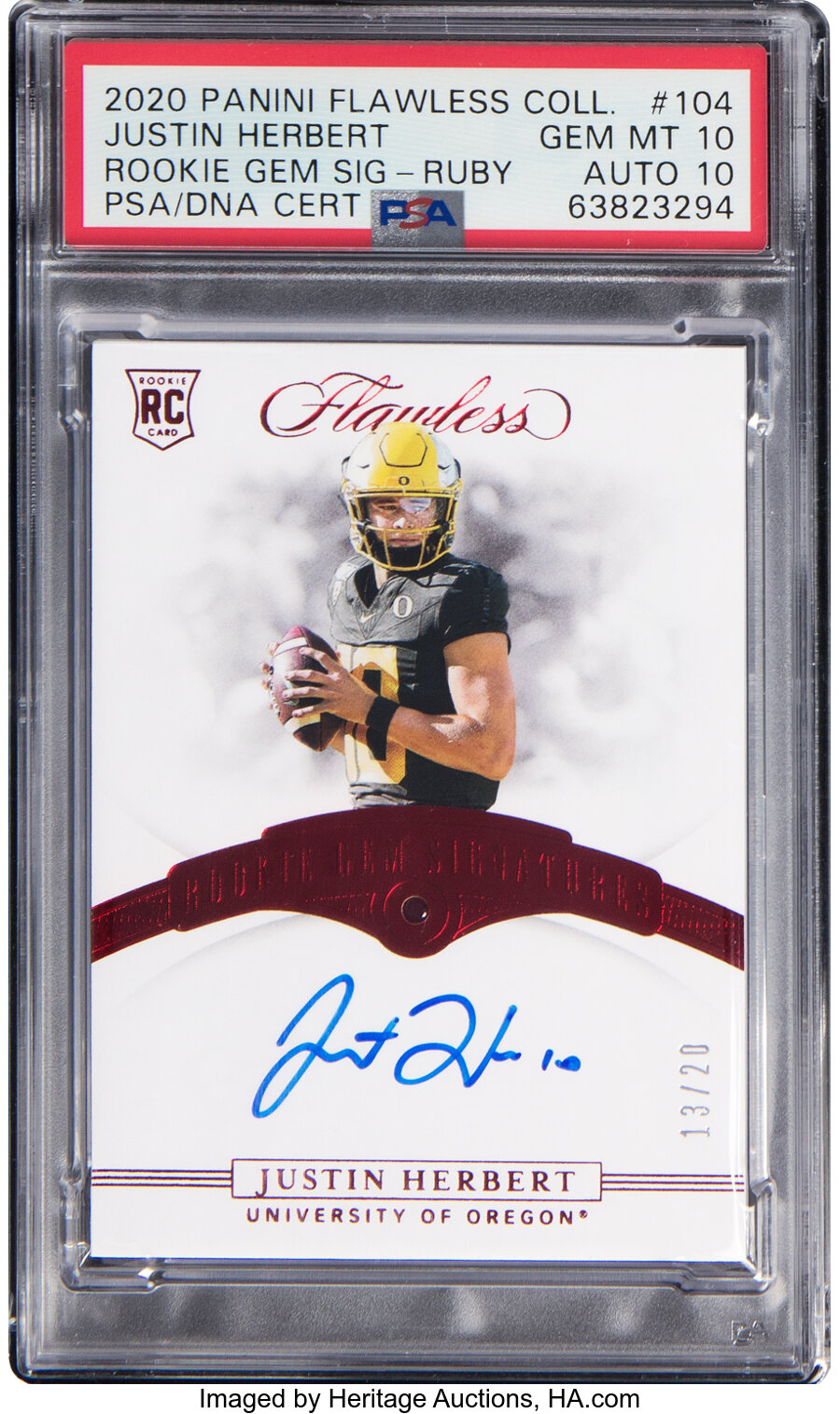 2020 Panini Flawless Justin Herbert (Flawless Rookie Gems Signatures-Ruby) #104 PSA Gem Mint 10, PSA/DNA Auto 10 - #'d 13/20