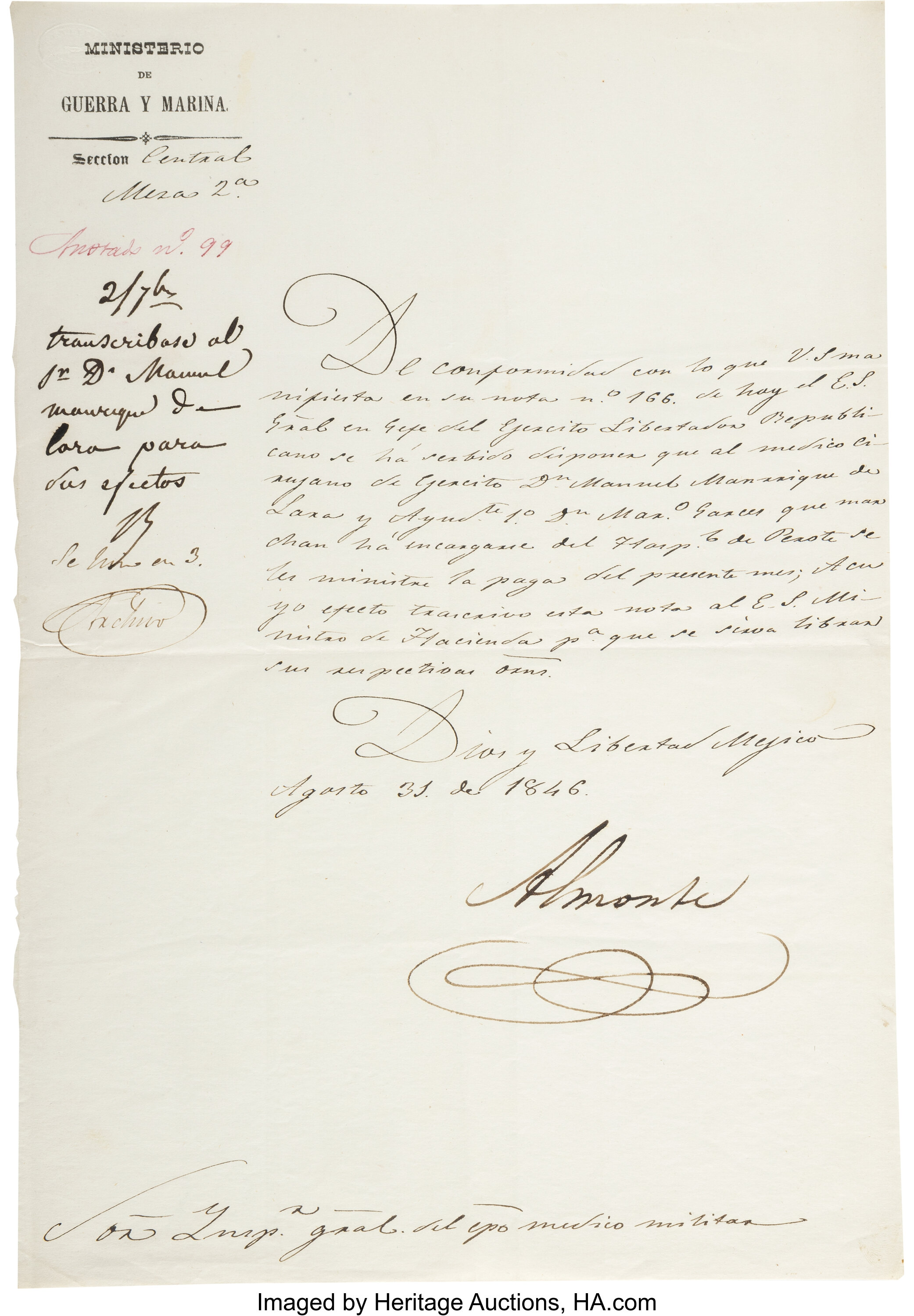 Juan Nepomuceno Almonte Letter Signed. ... Autographs Statesmen | Lot ...