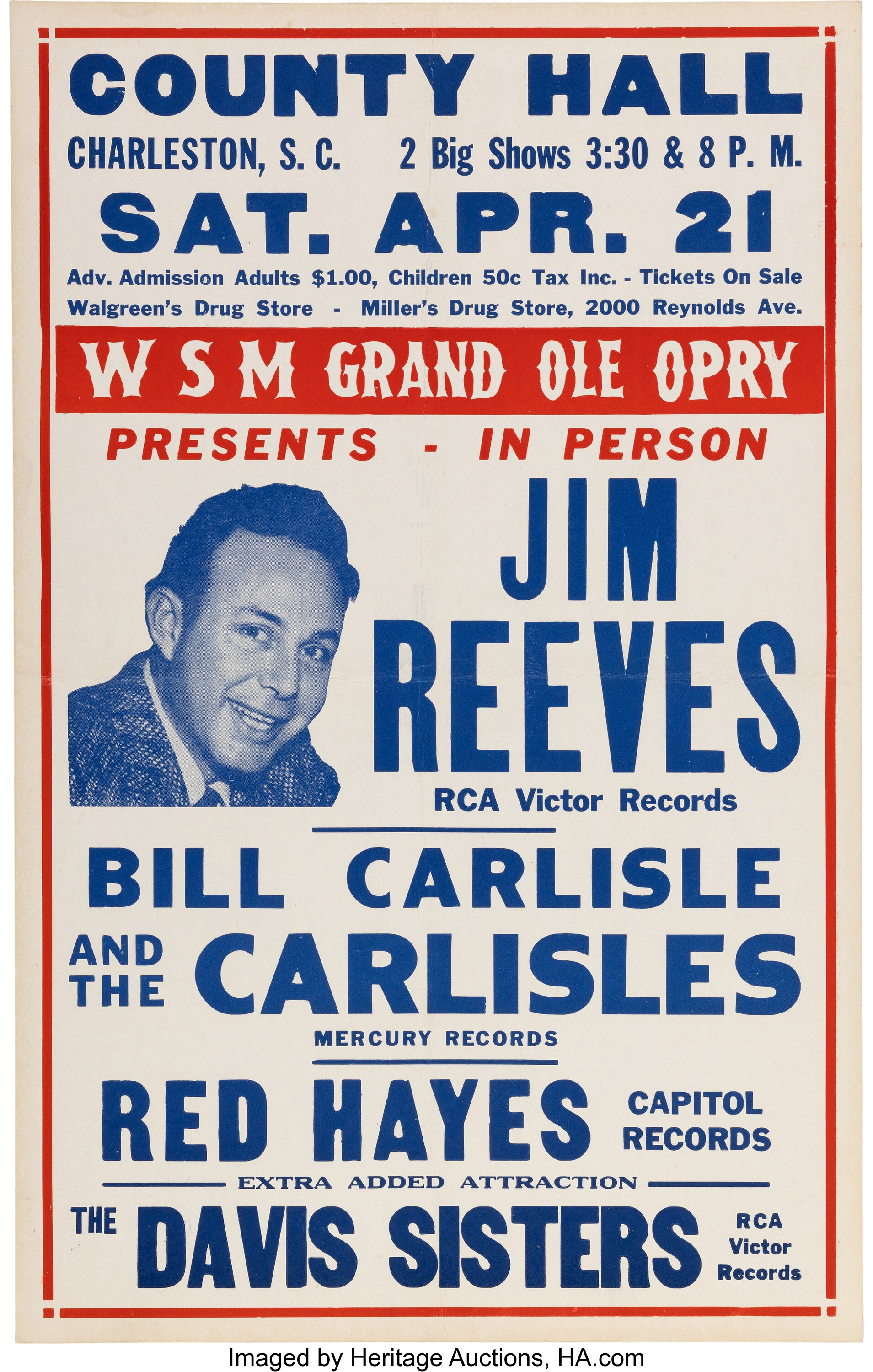 Jim Reeves, Skeeter Davis 1956 Charleston, SC Concert Poster. ... | Lot ...