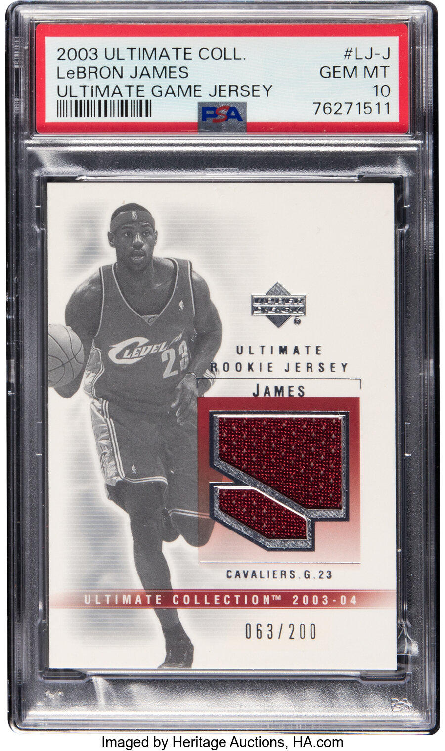 2003 Upper Deck Ultimate Collection LeBron James (Ultimate Rookie Jersey) #LJ-J PSA Gem Mint 10 - #'d 63/200