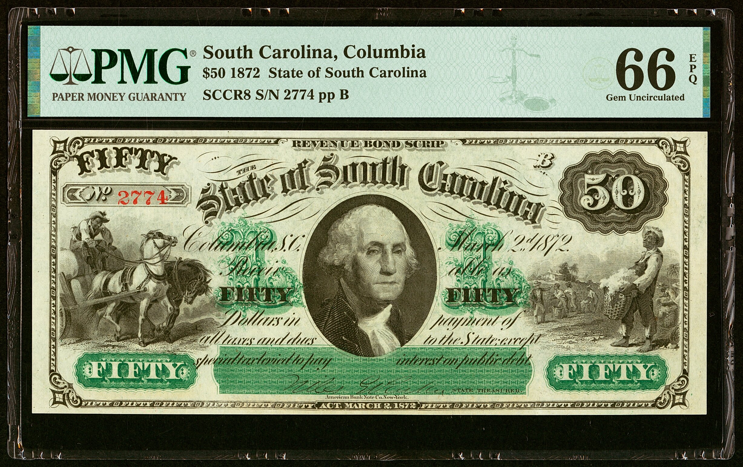 Columbia, SC- State of South Carolina $50 Mar. 2, 1872 Cr. 8 PMG | Lot ...