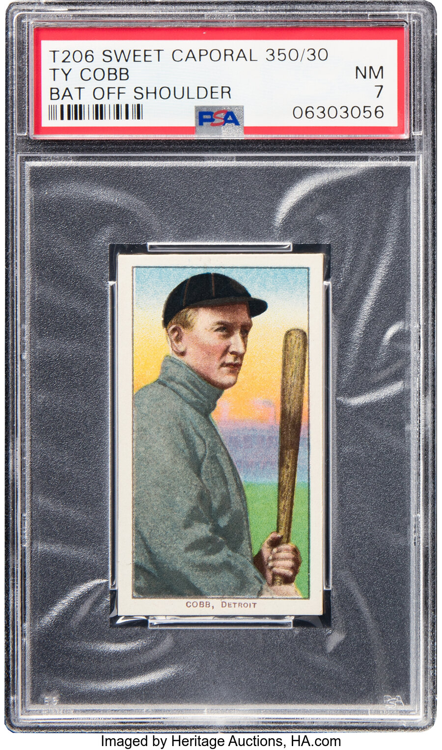 1909-11 T206 Sweet Caporal 350/30 Ty Cobb (Bat Off Shoulder) PSA NM 7 (PWCC-A) -- Pop Five, Three Higher!