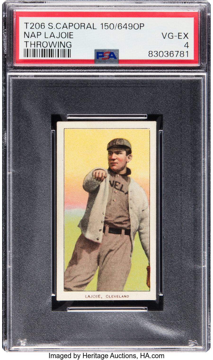 1909-11 T206 Sweet Caporal 150/649OP Nap Lajoie (Throwing) PSA VG-EX 4 -- From the Ramsburg Collection