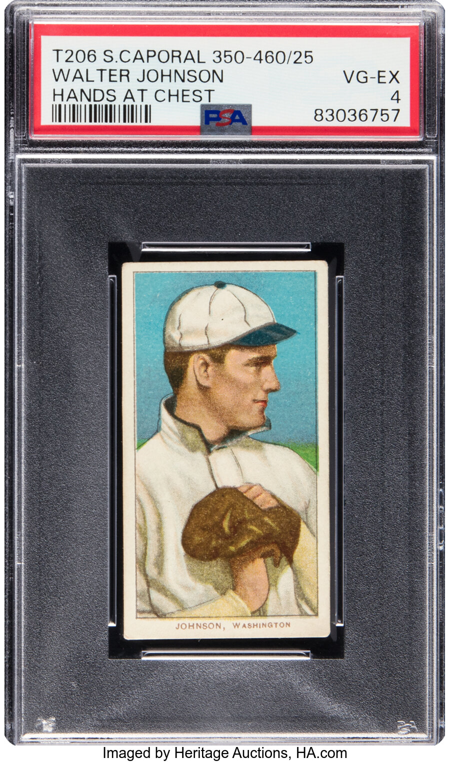 1909-11 T206 Sweet Caporal Walter Johnson 350-460/25 (Hands at Chest) PSA VG-EX 4 -- From the Ramsburg Collection